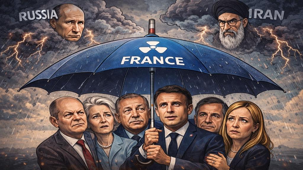 Illustration caricaturale de leaders européens sous un parapluie nucléaire français