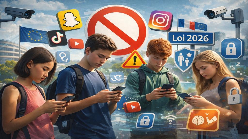 Illustration d’un jeune adolescent utilisant un smartphone entouré d’icônes de réseaux sociaux avec un panneau d’interdiction