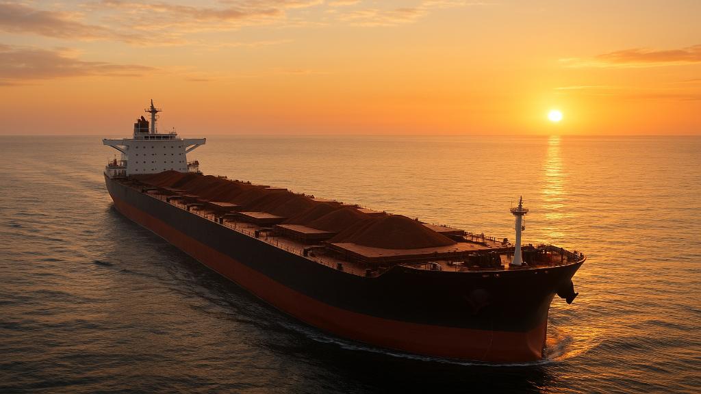 Illustration paysage – silhouette d’un immense cargo maritime en mer au coucher du soleil, fond évoquant le commerce mondial.