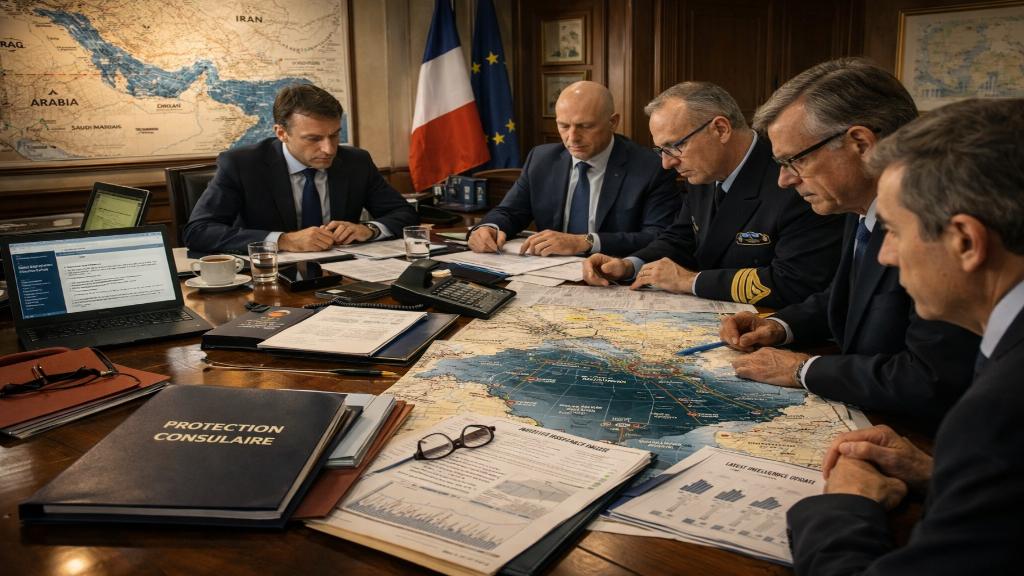 Discussion fermée entre responsables français autour du dossier iranien et de la sécurité maritime, cartes du Moyen-Orient et documents diplomatiques sur une table