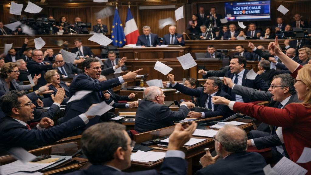 Débat parlementaire animé lors de l’adoption de la loi spéciale sur le budget à l’Assemblée nationale à Paris