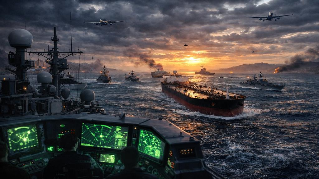 Navires militaires et pétroliers dans le détroit d