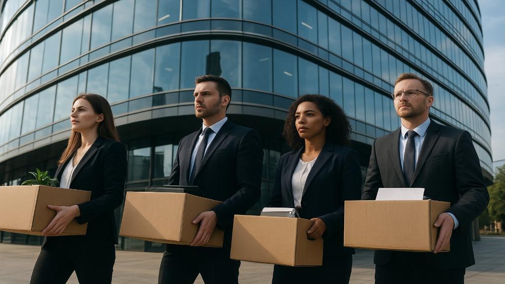 Scène économique illustrant les vagues de licenciements et les annonces d'embauche