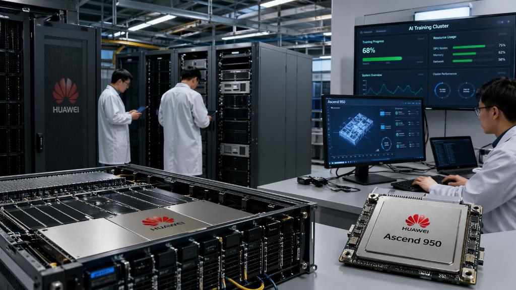 Infrastructure IA avec serveurs et puces Huawei illustrant DeepSeek V4