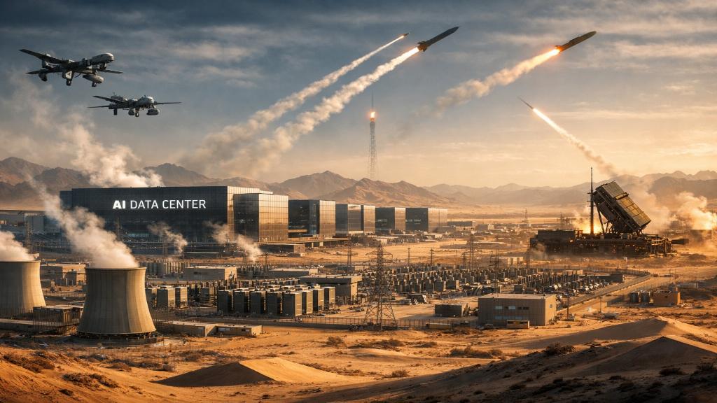 Illustration d'un grand centre de données dans un désert du Moyen-Orient avec drones et systèmes de défense illustrant la vulnérabilité des infrastructures cloud
