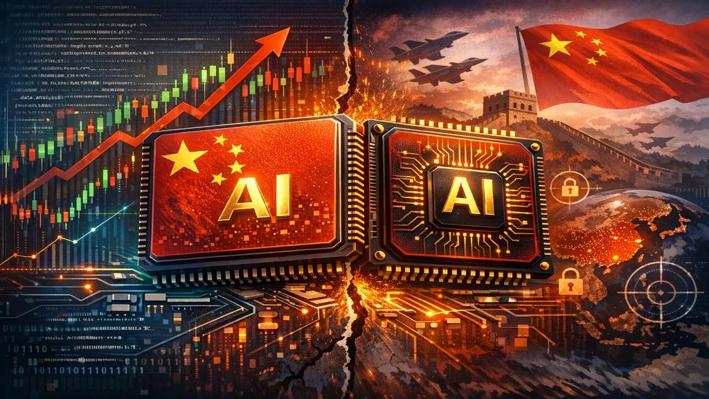 Illustration montrant des puces d’intelligence artificielle chinoises entourées de graphiques financiers et de symboles de souveraineté technologique