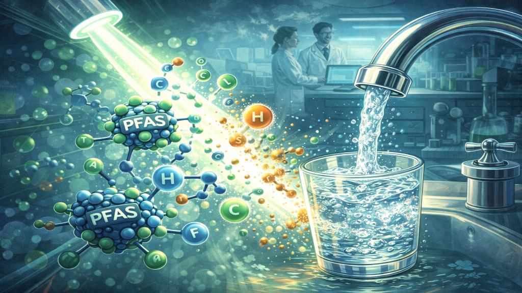 Illustration d'une molécule PFAS se décomposant dans l'eau