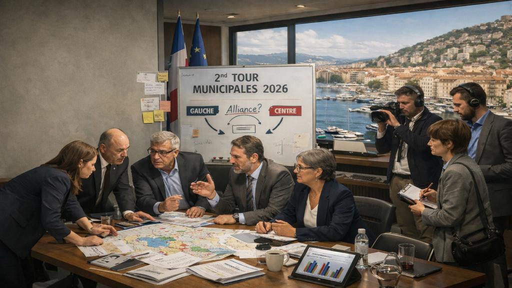 Illustration éditoriale d'une campagne municipale française avec cartes urbaines, affiches électorales et négociations d'alliances dans une grande ville