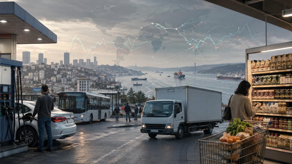 Station-service, bus urbain, camion de livraison et rayons alimentaires avec courbes du pétrole et routes maritimes discrètes en surimpression.