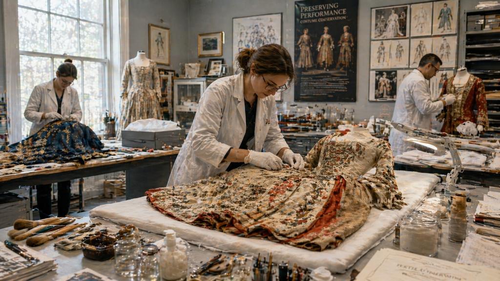 Galerie de musée présentant des costumes de théâtre anciens, robes brodées exposées à plat, vitrines sobres et lumière douce mettant en valeur les textures textiles