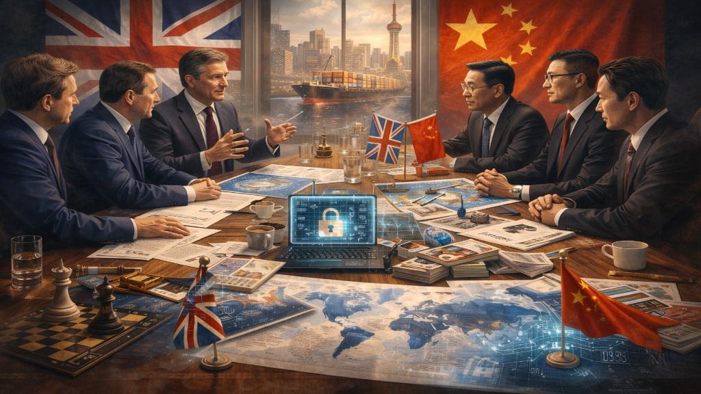 Représentation conceptuelle du Premier ministre britannique en discussion avec des dirigeants chinois.