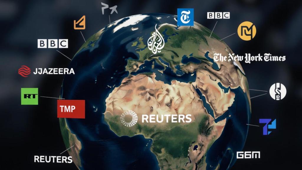 Globe terrestre avec logos médiatiques internationaux projetés sur continents, illustrant divergences narratives géopolitiques sur crise humanitaire
