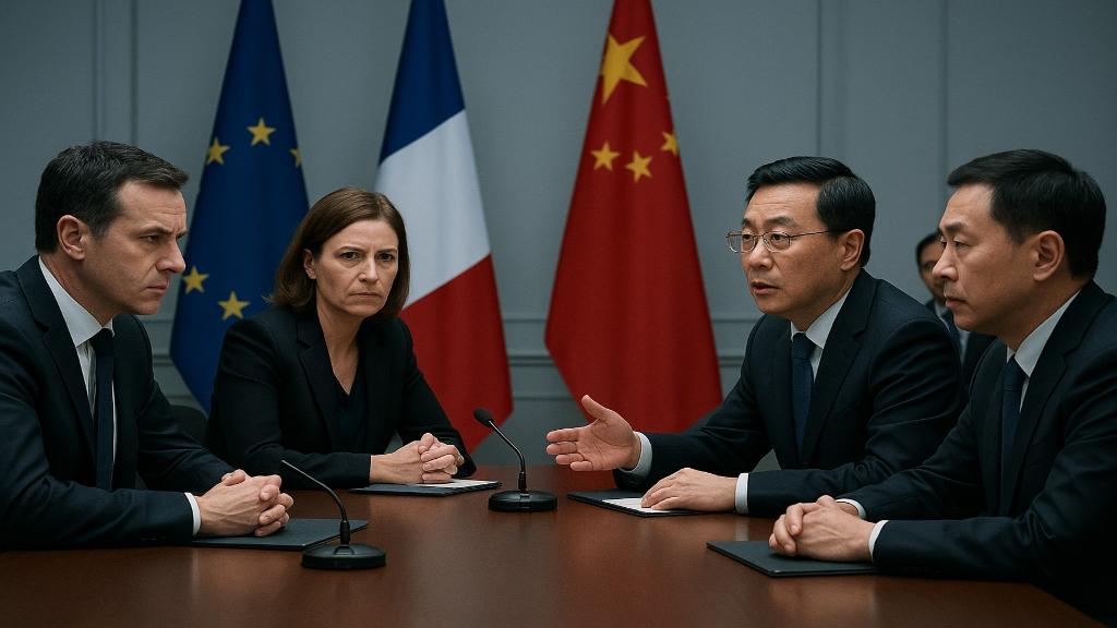 Représentation éditoriale d’une scène diplomatique entre la Chine et la France dans un contexte institutionnel.
