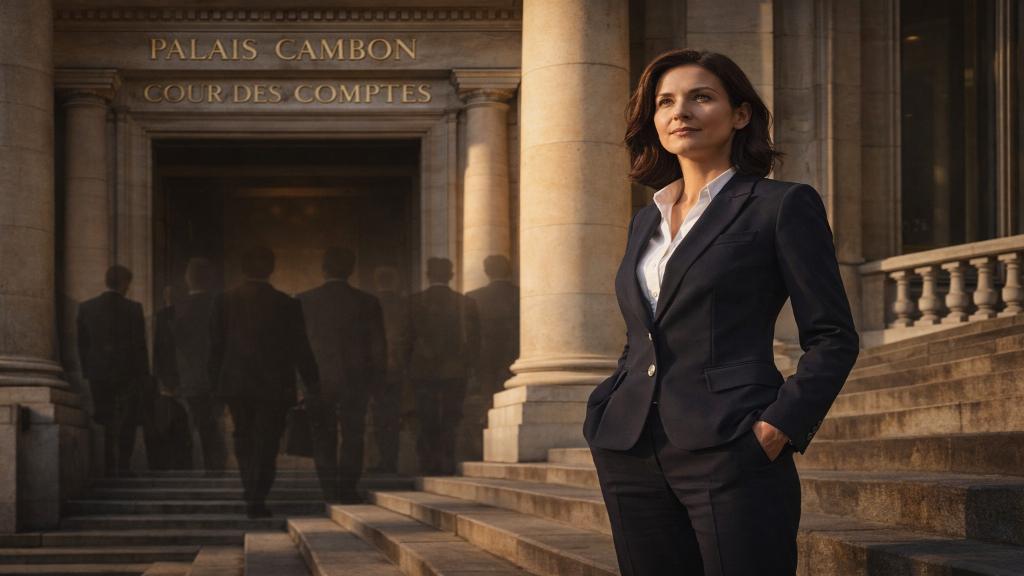 Symbolic editorial image showing a young female minister standing before the historic Court of Auditors building in Paris, with faint political silhouettes in the background representing influence and institutional power dynamics
