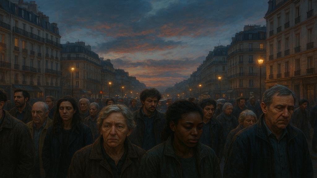 Illustration symbolique d’une foule française mélangée — mécontentement populaire, nostalgie, défiance politique