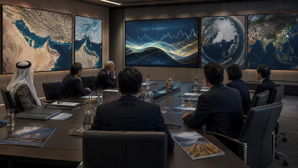 Salle de négociation internationale avec cartes du Golfe, d’Ormuz et de l’Arctique, dossiers énergie, paiements et infrastructures, flux financiers abstraits.