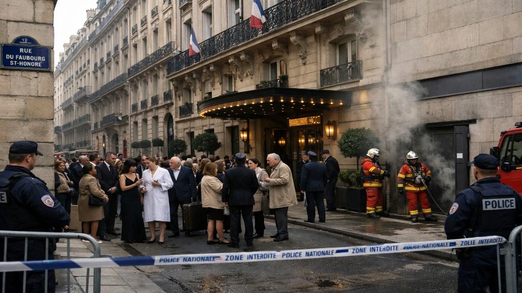 Vue éditoriale d'un grand hôtel parisien de prestige près d'une zone institutionnelle, avec présence des secours et circulation filtrée