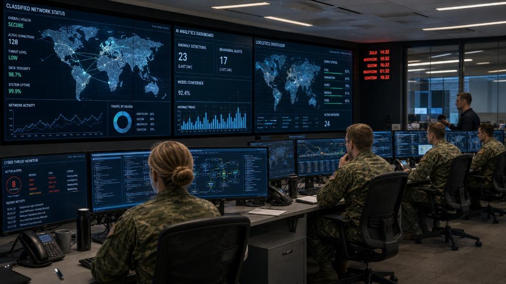 Centre de commandement militaire contemporain avec opérateurs humains, interfaces d’intelligence artificielle, cartes de données et écrans de supervision dans une ambiance sobre et réaliste
