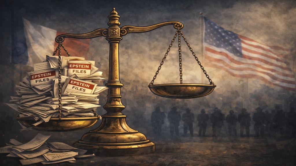 Image éditoriale illustrant une balance de la justice internationale avec des documents Epstein, drapeaux français et américain, style sombre et curieux.