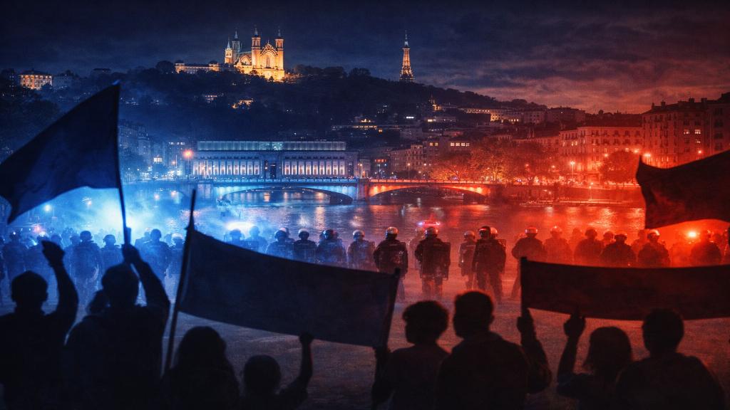 Vue aérienne de Lyon avec drapeaux français et tensions symboliques entre groupes politiques, style éditorial paysage