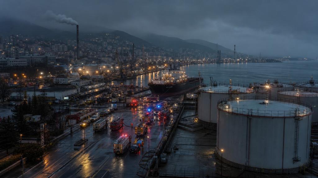 Terminal industriel près de la mer Noire avec fumée basse, cuves de pétrole et ambiance calme
