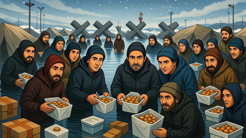 Illustration éditoriale montrant des travailleurs humanitaires distribuant aide à Gaza sous restrictions, avec checkpoints et tentes inondées en hiver, diversité des acteurs et tension géopolitique