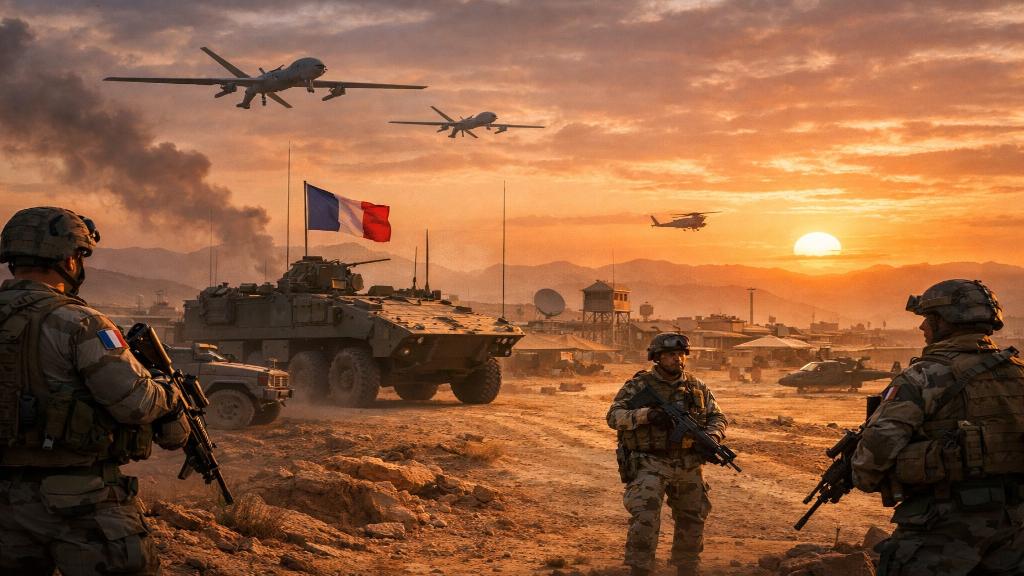 Illustration d'une base militaire française au Moyen-Orient avec soldats et drones dans un paysage désertique