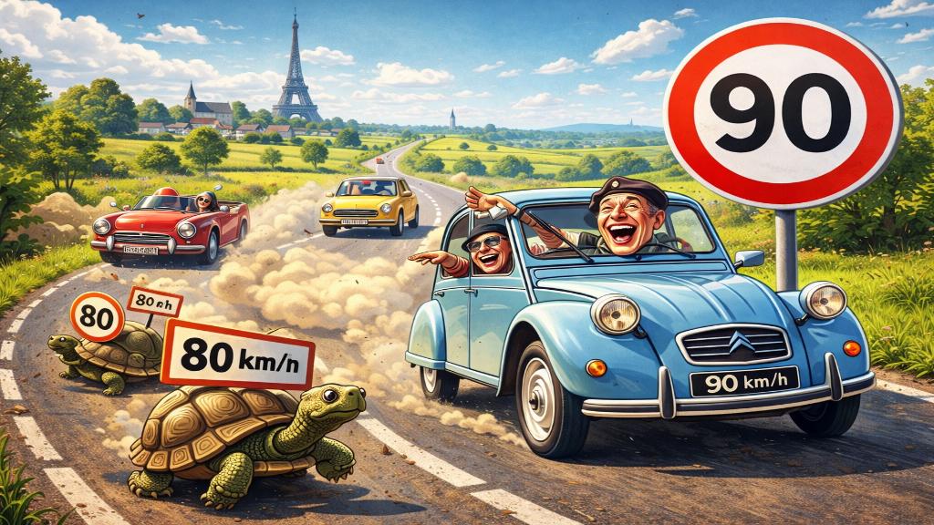 Illustration caricaturale de conducteurs français célébrant le retour à 90 km/h sur une route normande