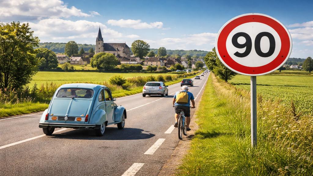 Route rurale dans l’Eure avec panneau de limitation à 90 km/h, symbolisant le retour à des vitesses plus élevées.