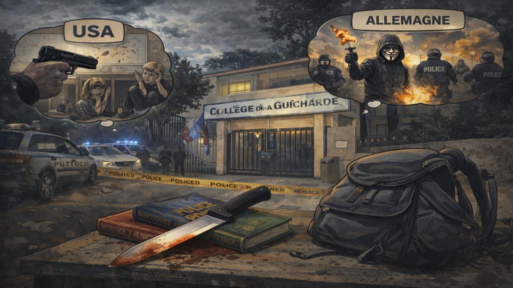 Image éditoriale montrant une salle de classe française avec des éléments symbolisant la violence scolaire, comparée à des scènes internationales.