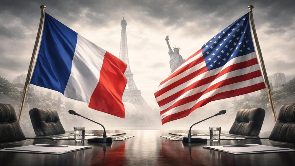Vue symbolique de la diplomatie franco-américaine avec drapeaux et tension