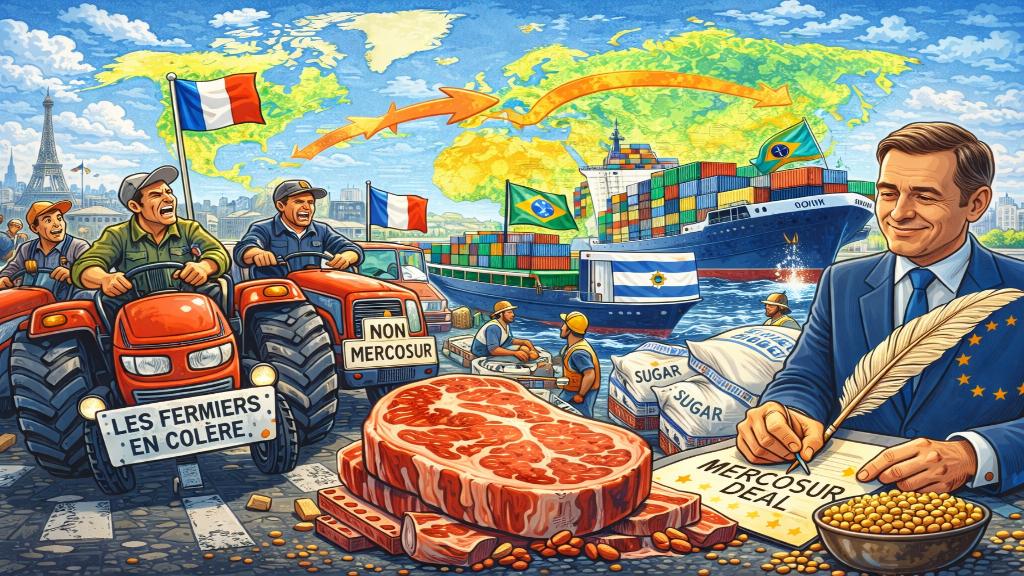 Illustration caricaturale d’agriculteurs français sur tracteurs face à des conteneurs sud-américains, fond carte du monde reliant Europe et Amérique du Sud