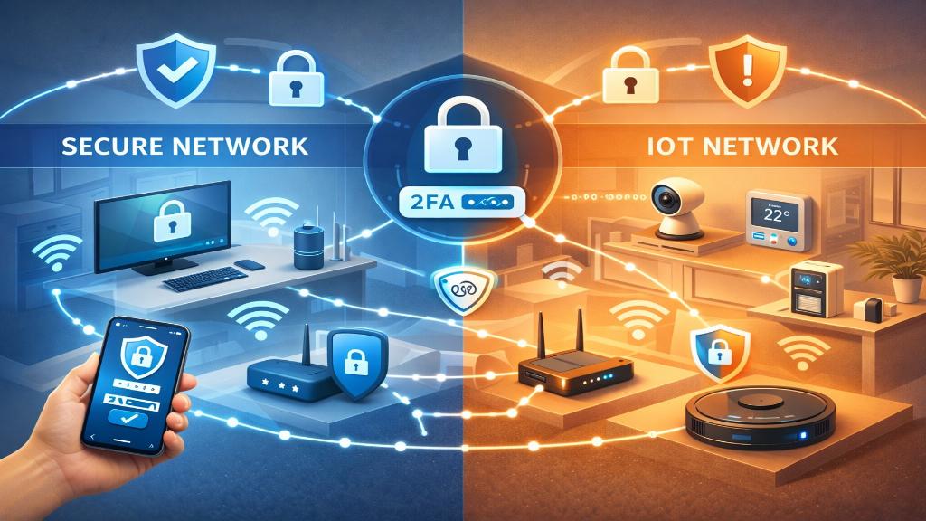 Illustration d’un réseau domestique avec des appareils connectés sous protection : cadenas, isolation réseau, authentification forte