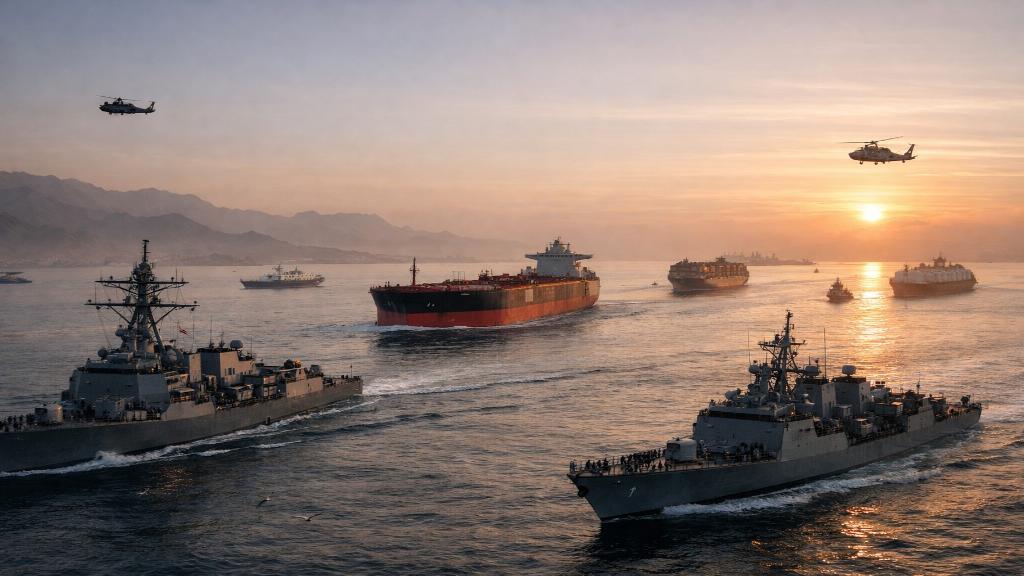 Navires militaires européens et cargos évoluant dans le détroit d Ormuz sous surveillance lors d une mission défensive multinationale