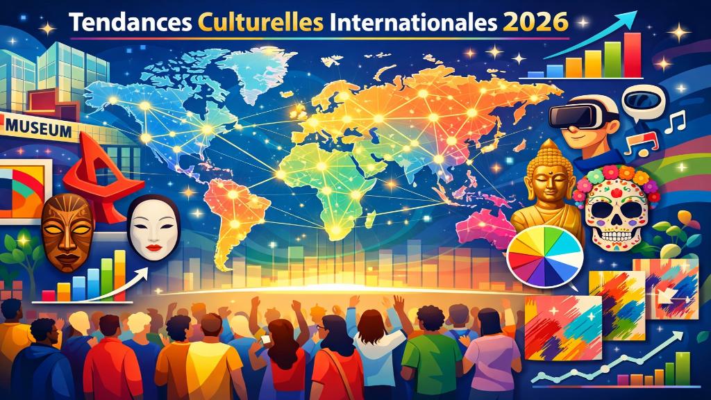 Illustration éditoriale d'un monde culturel connecté avec icônes artistiques globales, cartes et symboles d'échanges internationaux en style moderne.