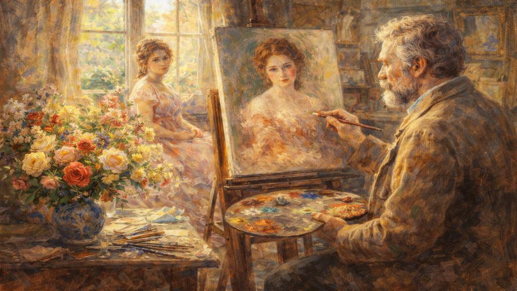 Peintre impressionniste travaillant dans un atelier lumineux inspiré de Renoir avec modèles et palette de couleurs chaudes