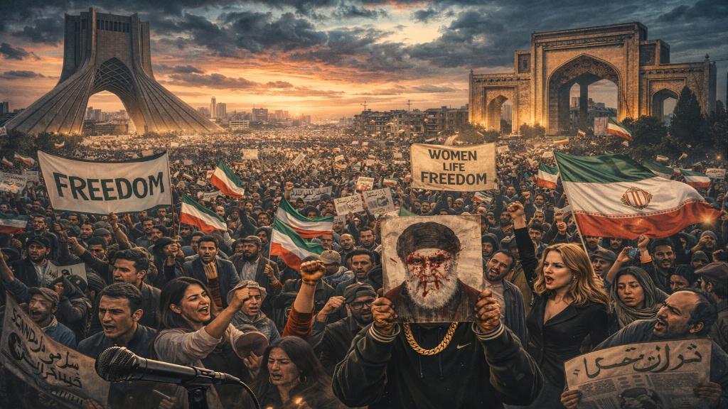 Vue panoramique de manifestations en Iran, symbolisant la lutte pour le changement culturel et politique.