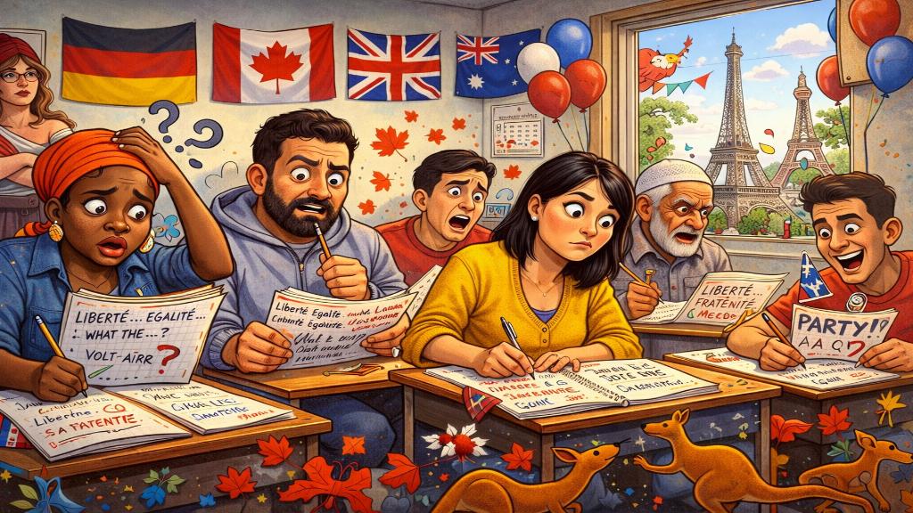Illustration d'immigrés diversifiés passant un examen civique en France, avec des symboles globaux d'intégration et de comparaison internationale.