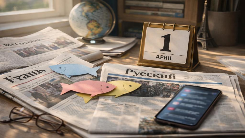 Une scène éditoriale montrant des poissons en papier, un calendrier ouvert sur le 1er avril, des journaux internationaux, des unes en cyrillique et en espagnol, ainsi qu