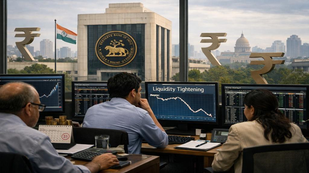 Illustration d'un marché bancaire indien sous tension avec déficit de liquidité, symbole de la roupie et hausse du coût du crédit