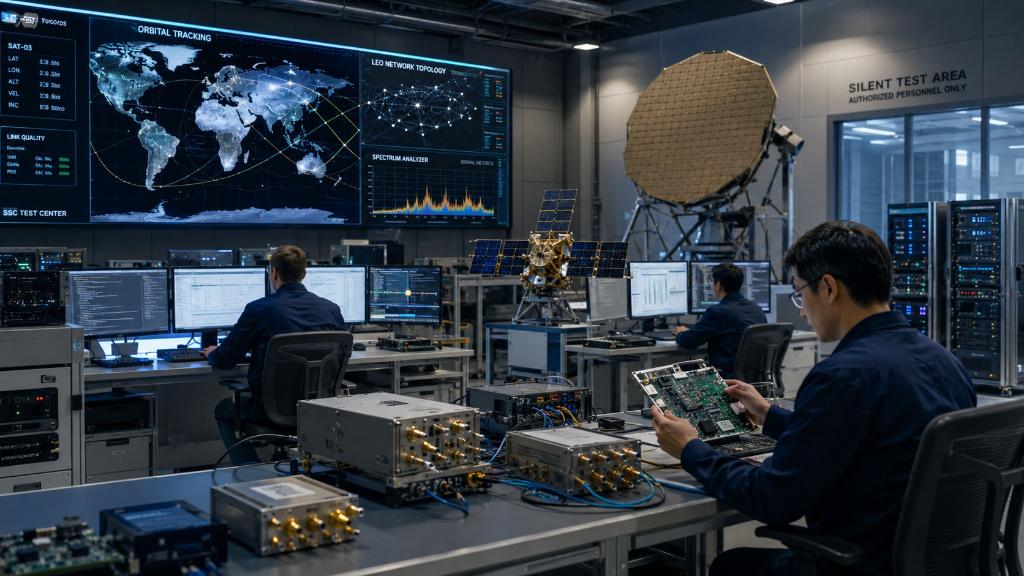Ingénieurs observant une carte orbitale, des antennes à réseau phasé, des modules radiofréquence et des indicateurs de spectre pour satellites en orbite basse.