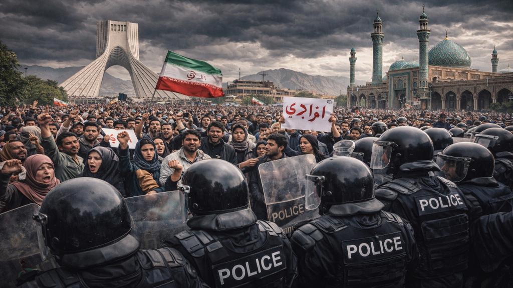 Scène dramatique de rues de Téhéran avec manifestants face à des forces de sécurité sous un ciel tendu, symbolisant le choc culturel et l'attention mondiale.