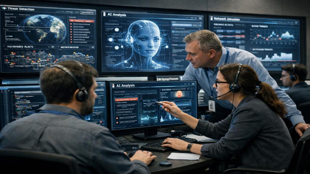 Illustration d un centre de cybersécurité moderne où des analystes supervisent une intelligence artificielle détectant des vulnérabilités dans des infrastructures critiques