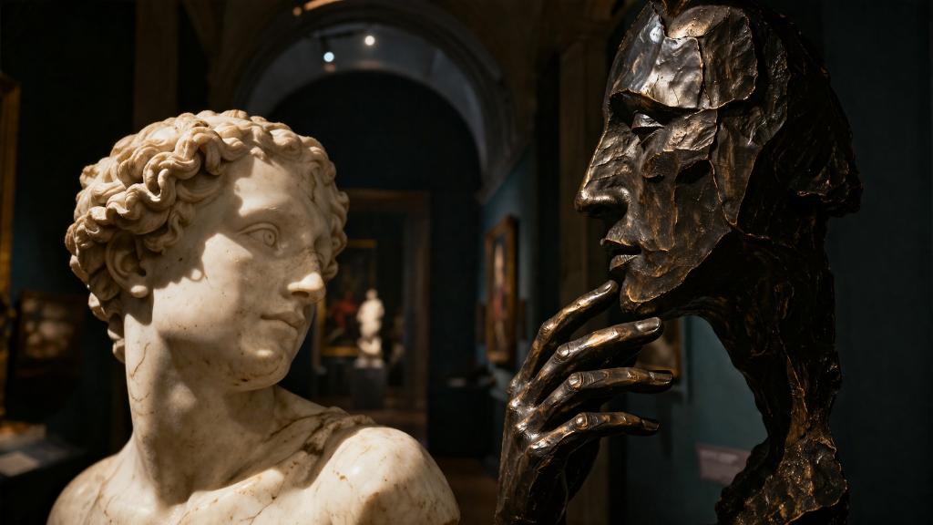 Galerie d exposition mettant en regard sculptures inspirées de Michel Ange et Rodin avec lumière contrastée et ambiance monumentale