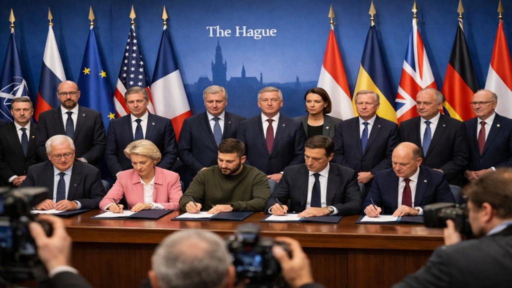 Dirigeants internationaux signant une convention pour une commission de réparations de guerre en Ukraine