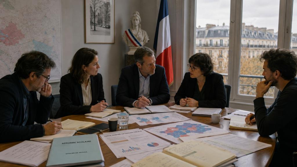 Salle municipale urbaine en proche banlieue parisienne, dossiers scolaires, graphiques budgétaires et cartes électorales posés sur une table de réunion calme.