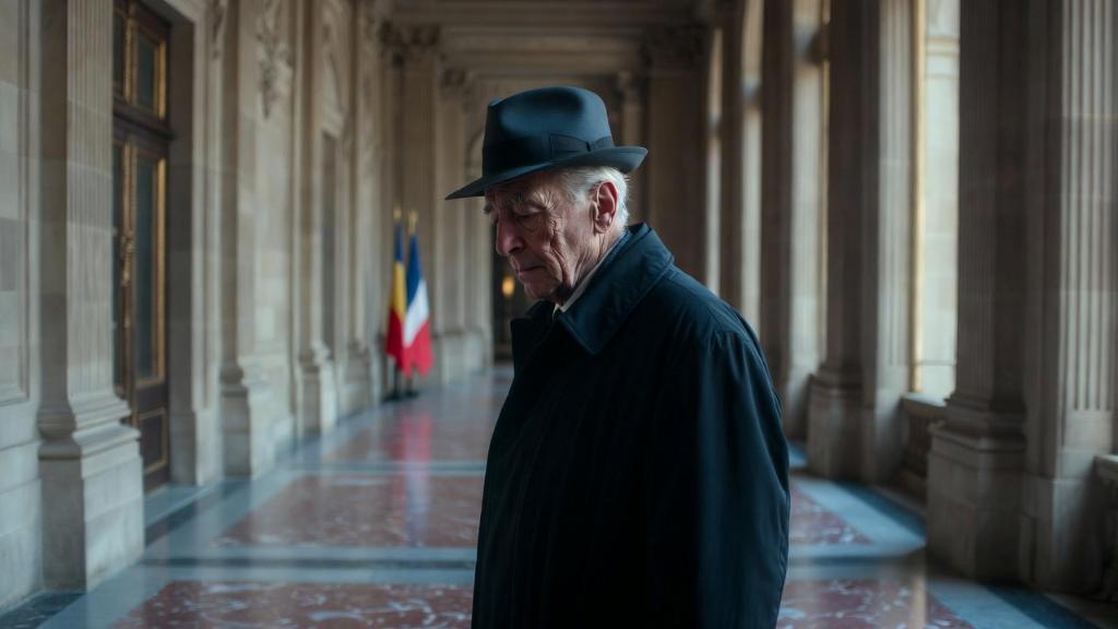 An elderly statesman in a classic coat standing thoughtfully in a historic French corridor with European flags in the background