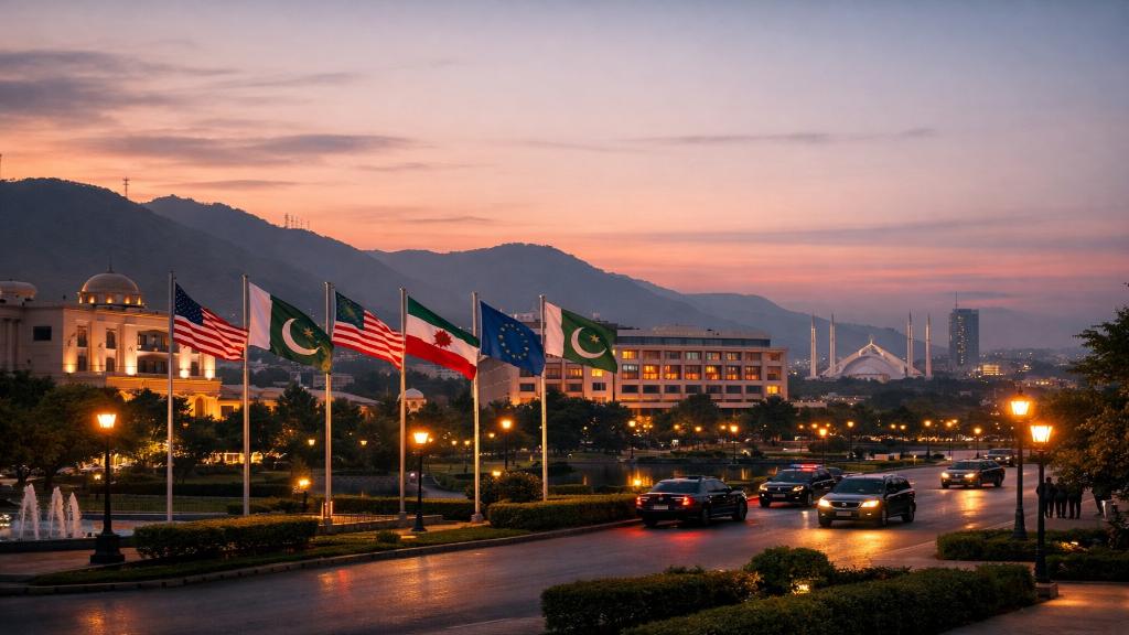 Ambiance diplomatique calme à Islamabad avec drapeaux internationaux et contexte stratégique