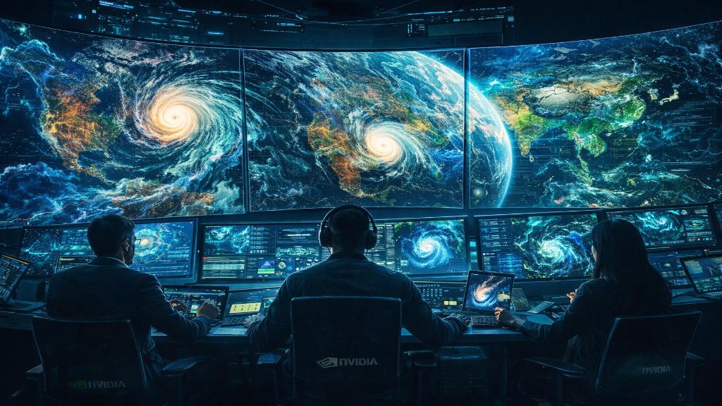 Centre de prévision météo futuriste avec écrans géants affichant cartes globales générées par IA, tempêtes tourbillonnantes et flux de données satellites, ambiance high-tech bleue et verte