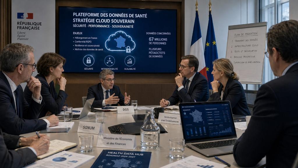 Réunion stratégique sur la souveraineté des données de santé avec documents et écrans de gestion cloud
